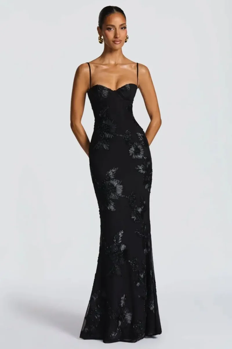 Women's Floral Embroidered Maxi Dress | Structured Corset Cami Gown