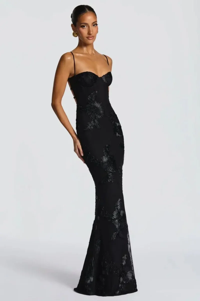 Women's Floral Embroidered Maxi Dress | Structured Corset Cami Gown