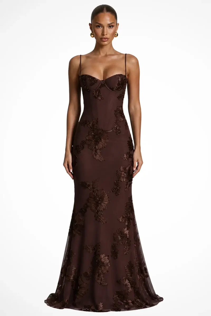 Women's Floral Embroidered Maxi Dress | Structured Corset Cami Gown