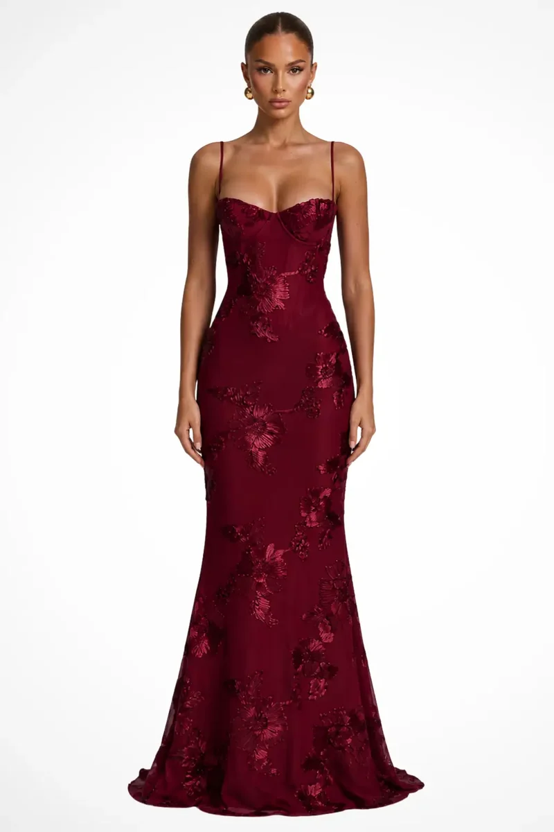 Women's Floral Embroidered Maxi Dress | Structured Corset Cami Gown