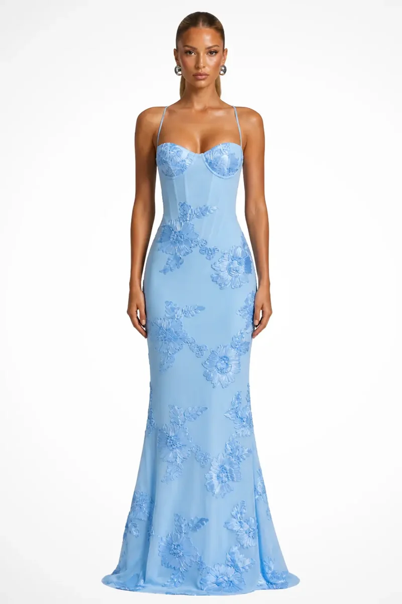 Women's Floral Embroidered Maxi Dress | Structured Corset Cami Gown