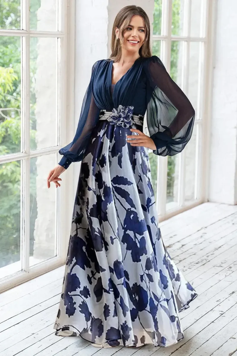 Women's Floral Print Maxi Dress | V-Neck Balloon Sleeve Evening Gown