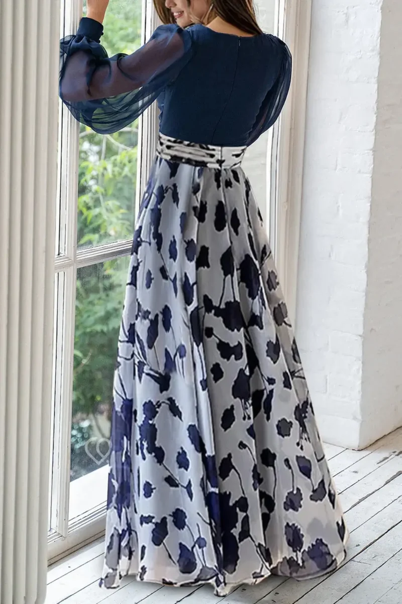 Women's Floral Print Maxi Dress | V-Neck Balloon Sleeve Evening Gown