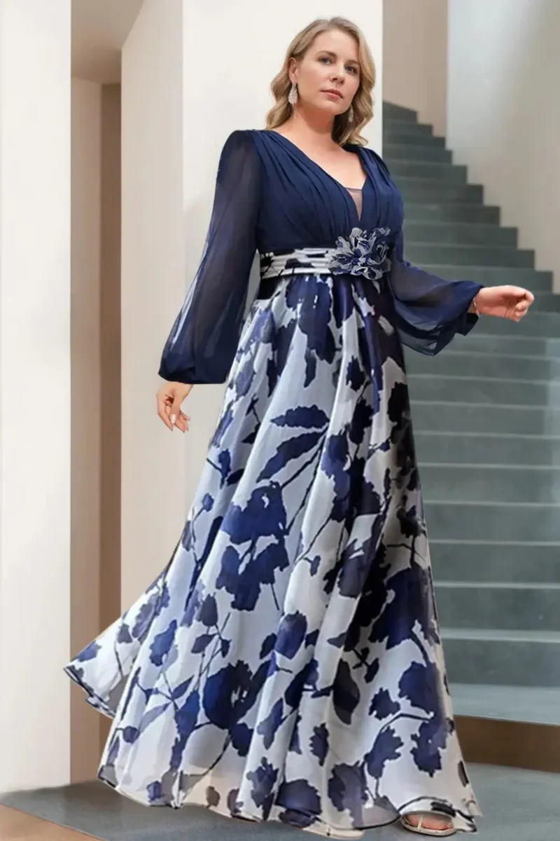 Women's Floral Print Maxi Dress | V-Neck Balloon Sleeve Evening Gown