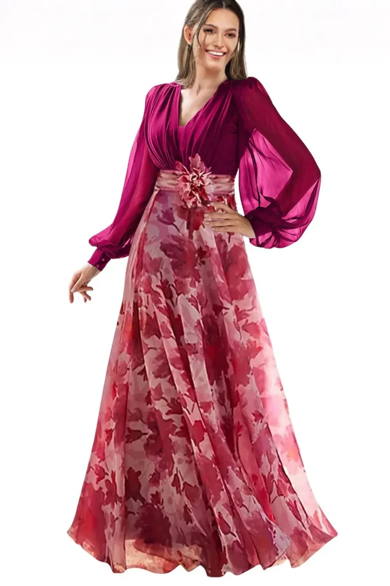 Women's Floral Print Maxi Dress | V-Neck Balloon Sleeve Evening Gown