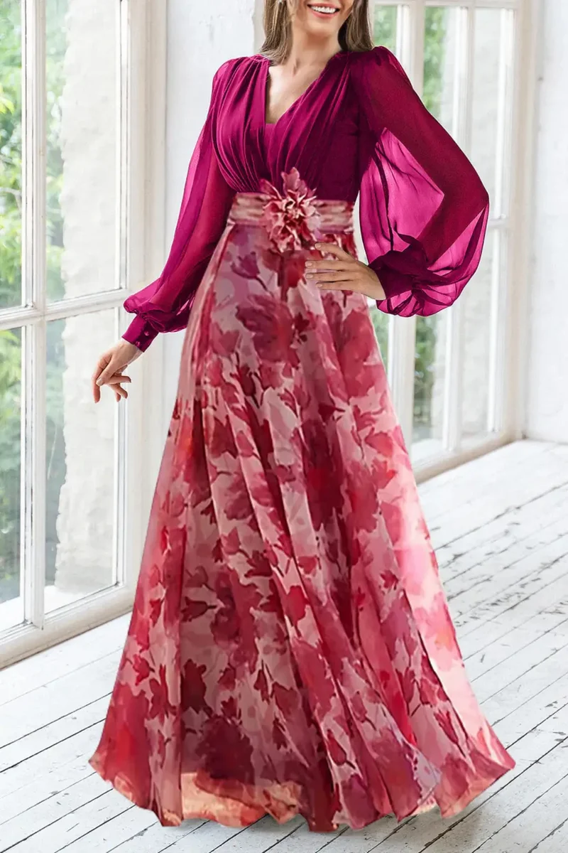Women's Floral Print Maxi Dress | V-Neck Balloon Sleeve Evening Gown