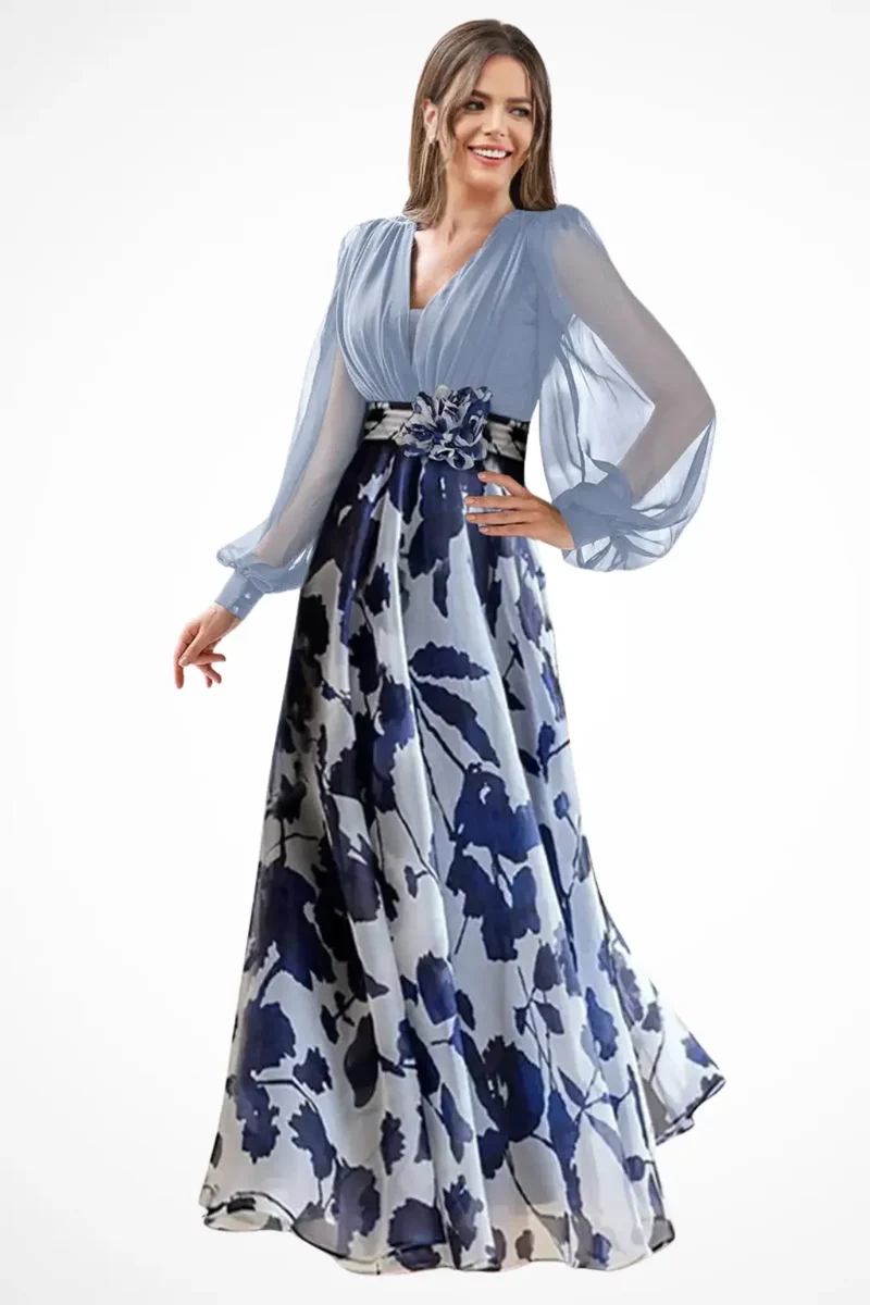 Women's Floral Print Maxi Dress | V-Neck Balloon Sleeve Evening Gown