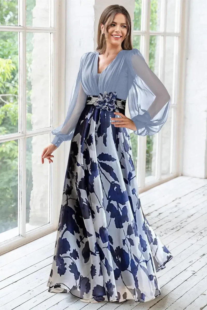 Women's Floral Print Maxi Dress | V-Neck Balloon Sleeve Evening Gown