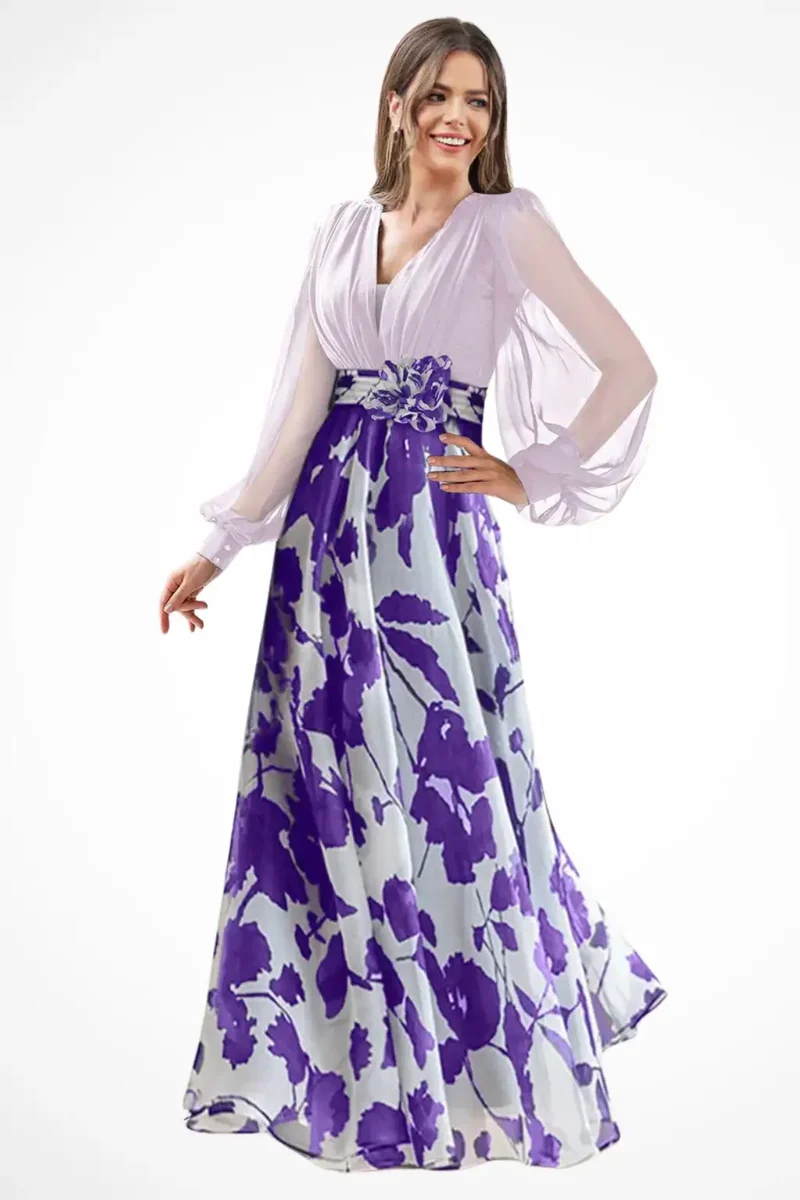 Women's Floral Print Maxi Dress | V-Neck Balloon Sleeve Evening Gown