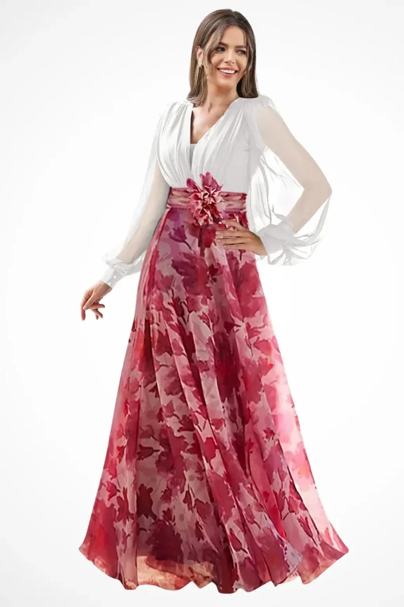 Women's Floral Print Maxi Dress | V-Neck Balloon Sleeve Evening Gown