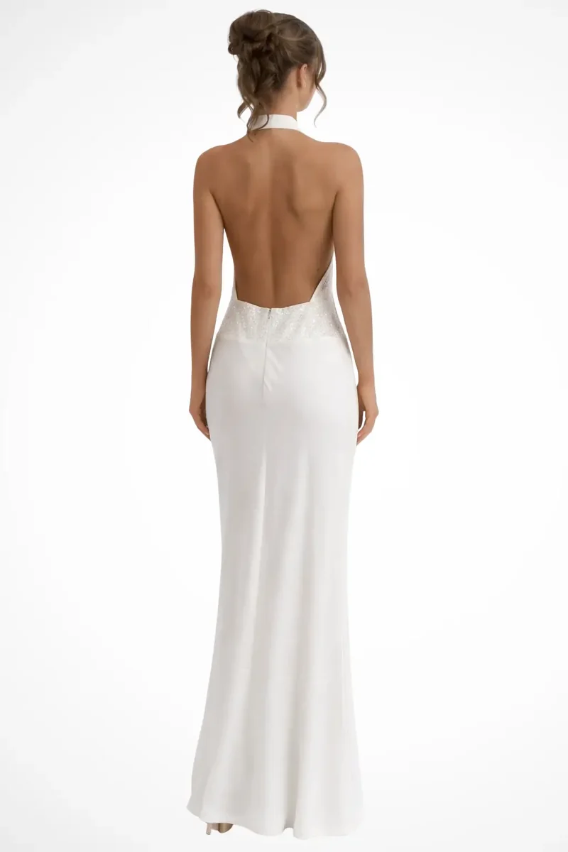 Women's Satin Maxi Dress | Draped Halter Neck Evening Gown