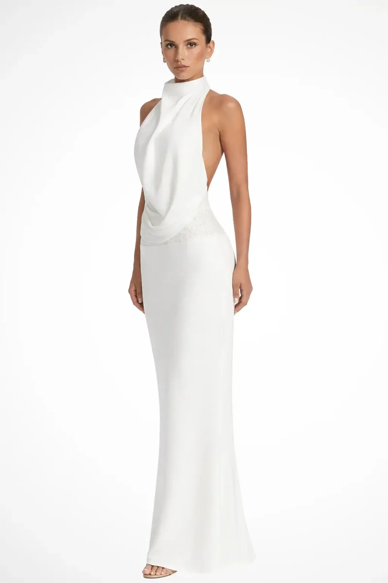 Women's Satin Maxi Dress | Draped Halter Neck Evening Gown