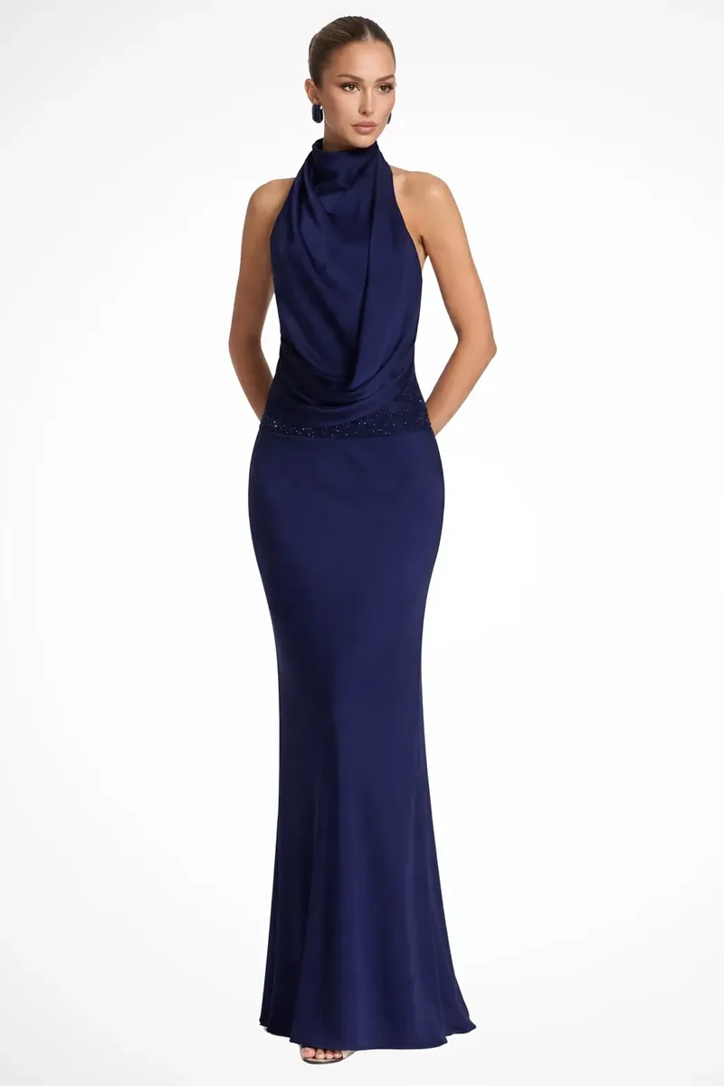 Women's Satin Maxi Dress | Draped Halter Neck Evening Gown