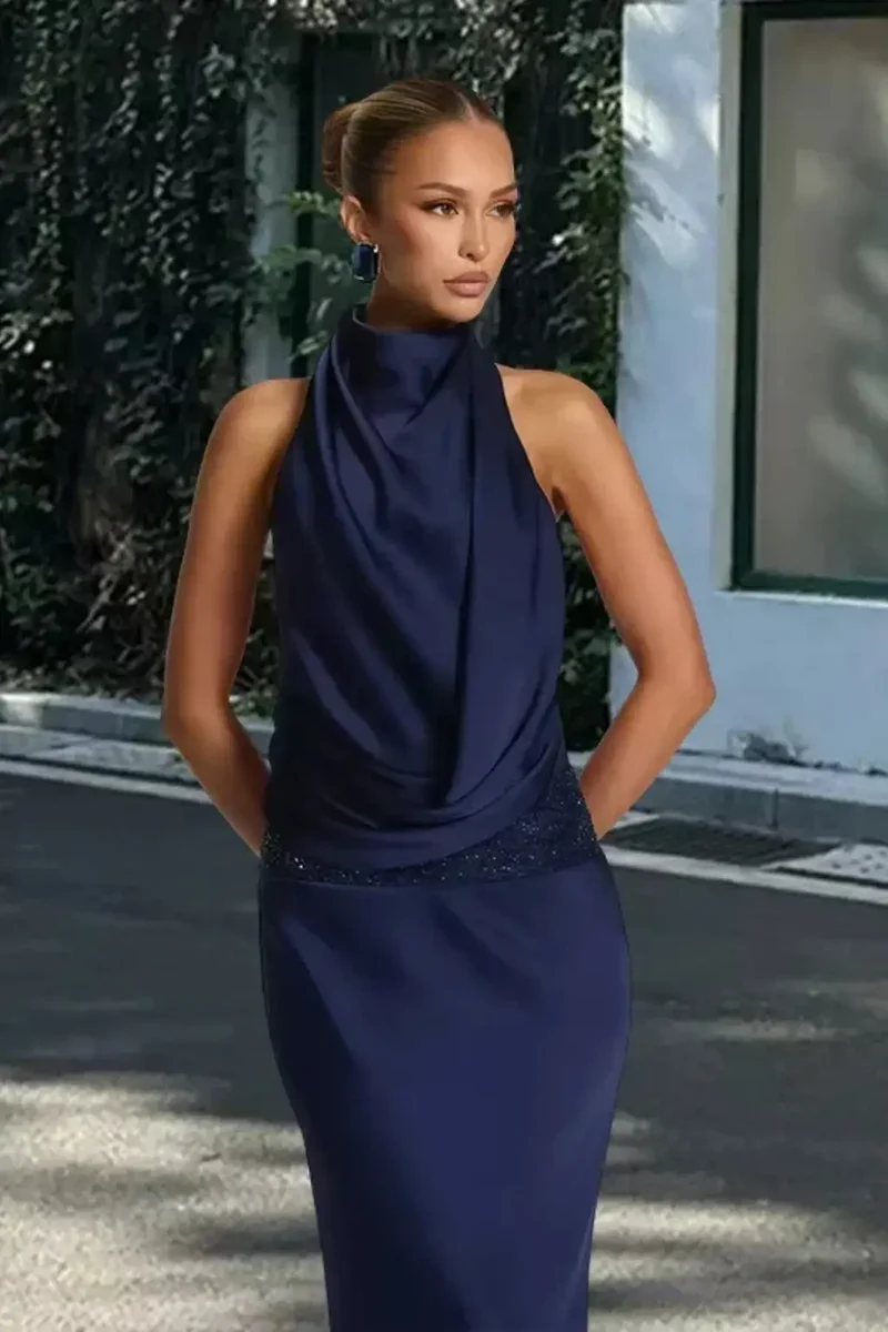 Women's Satin Maxi Dress | Draped Halter Neck Evening Gown
