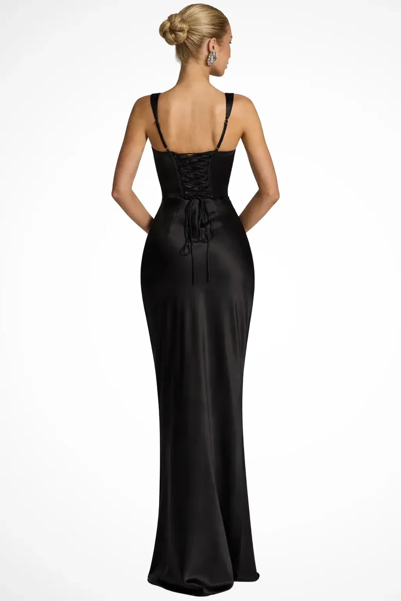 Women's Satin Maxi Dress | Structured Square Neck Ruched Design