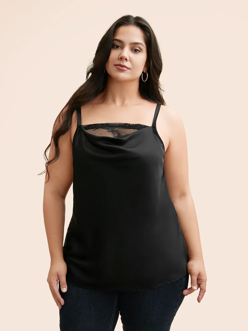Lace Patchwork Cowl Neck Cami Top