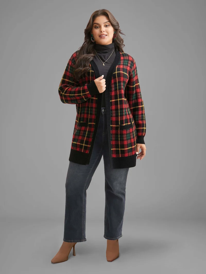 Holiday Plaid V-neck Open Cardigan