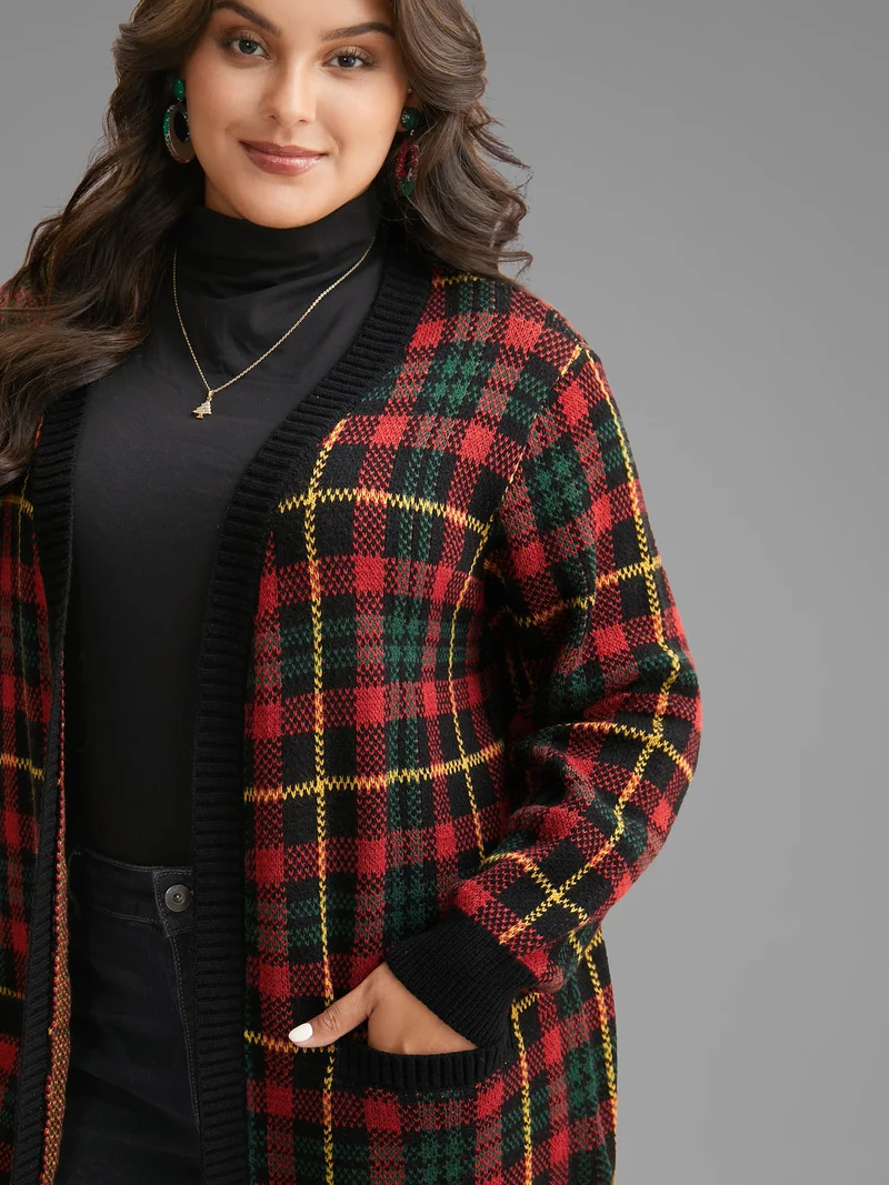 Holiday Plaid V-neck Open Cardigan