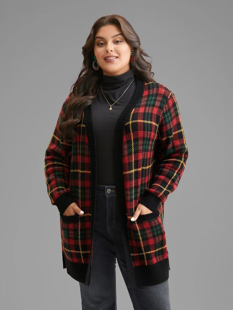 Holiday Plaid V-neck Open Cardigan