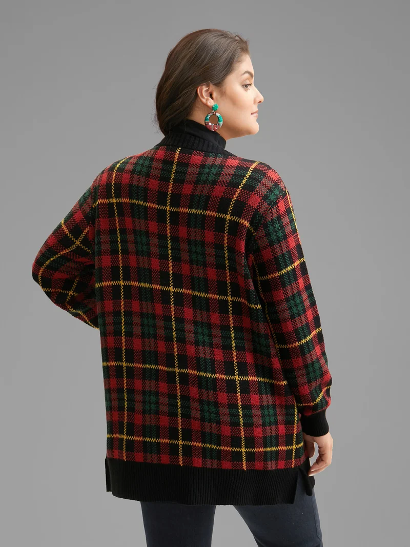 Holiday Plaid V-neck Open Cardigan