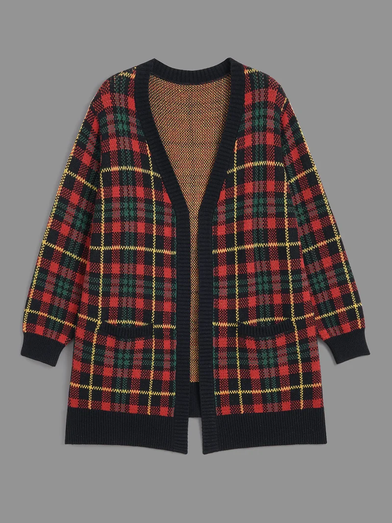 Holiday Plaid V-neck Open Cardigan