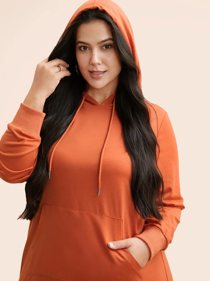 Plain Hooded Drawstring Kangaroo Pocket Dress