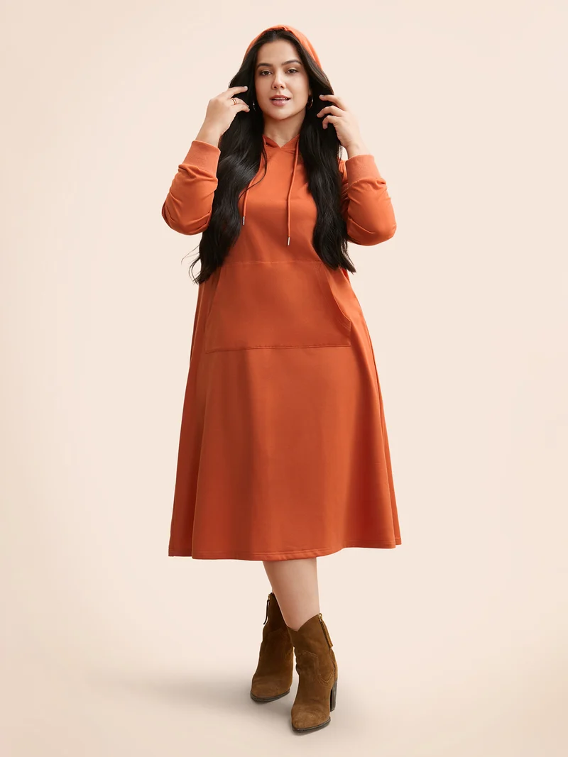 Plain Hooded Drawstring Kangaroo Pocket Dress