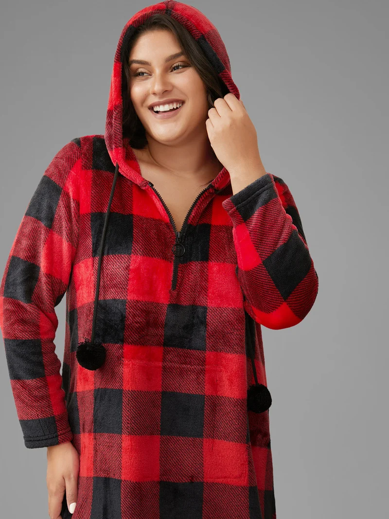 Checkered Hooded Flannel Sleep Midi Dress