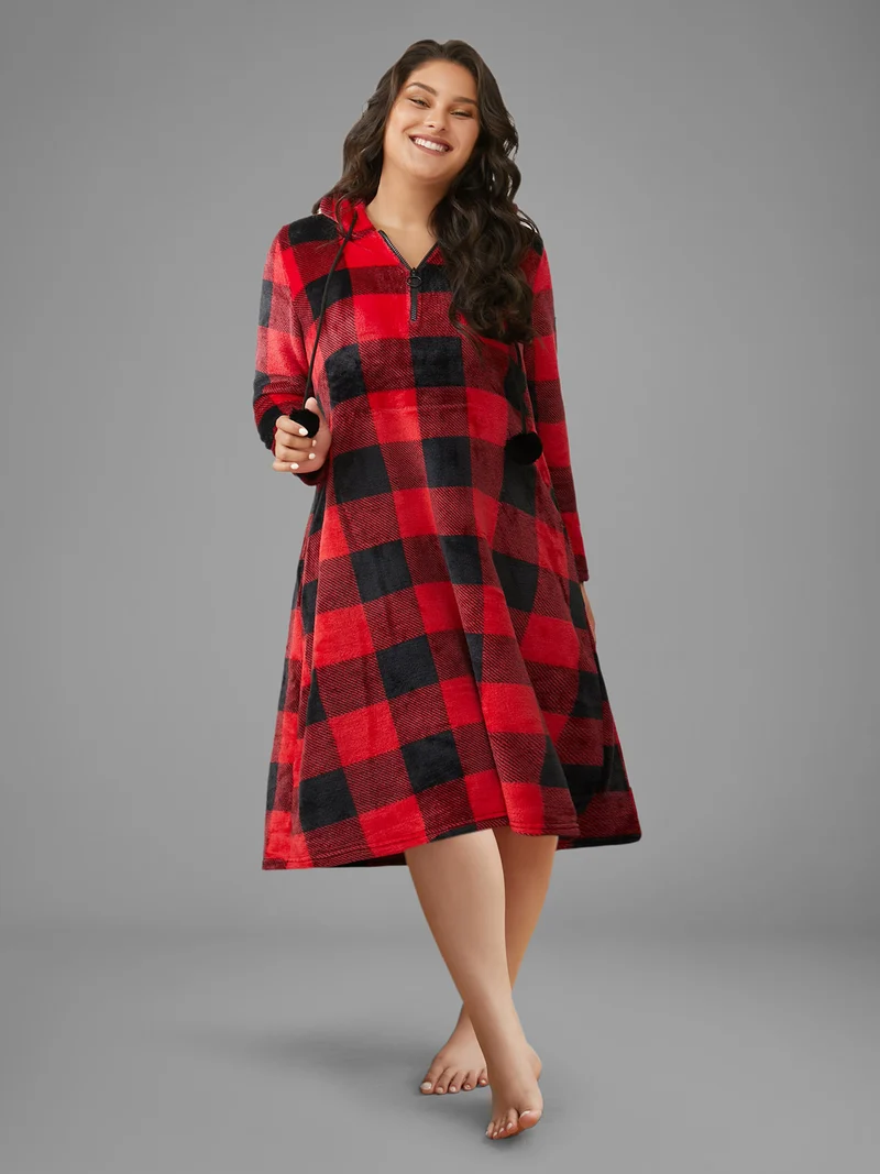 Checkered Hooded Flannel Sleep Midi Dress
