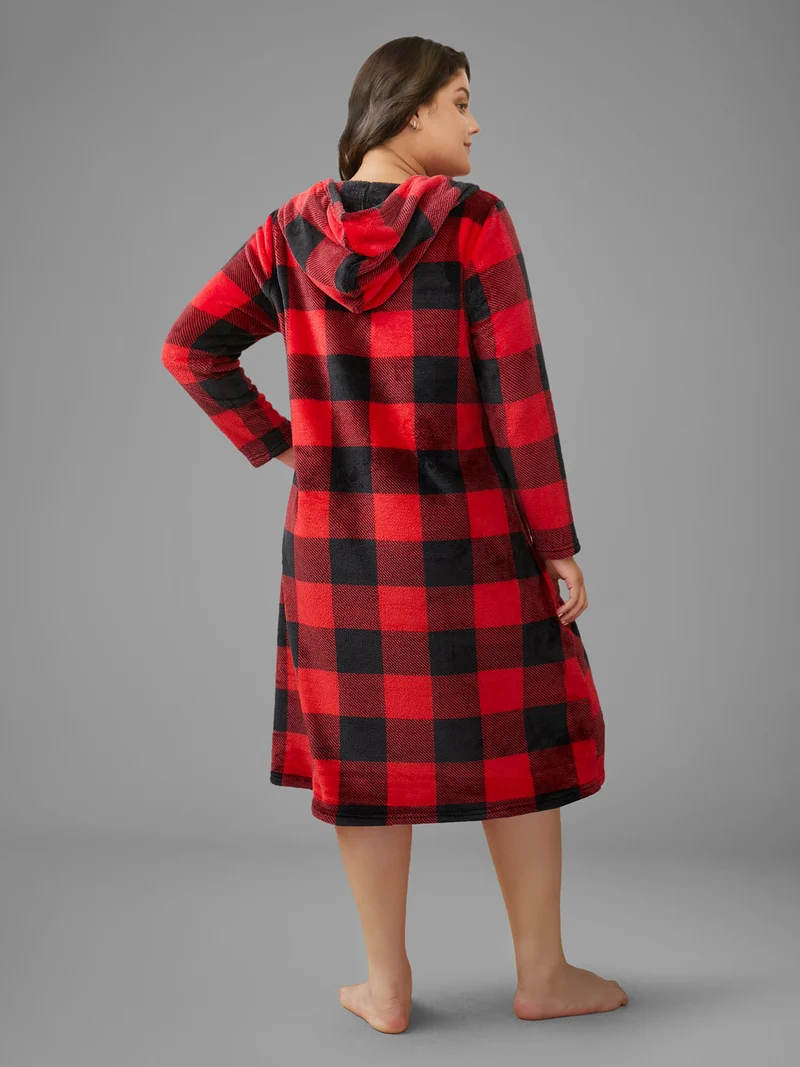 Checkered Hooded Flannel Sleep Midi Dress