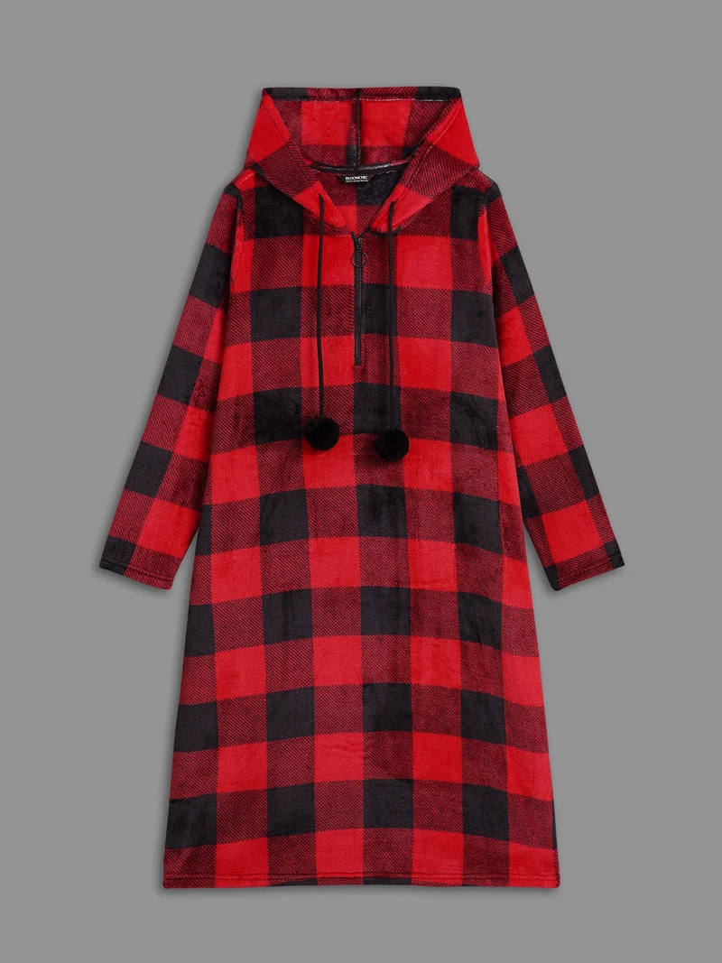 Checkered Hooded Flannel Sleep Midi Dress
