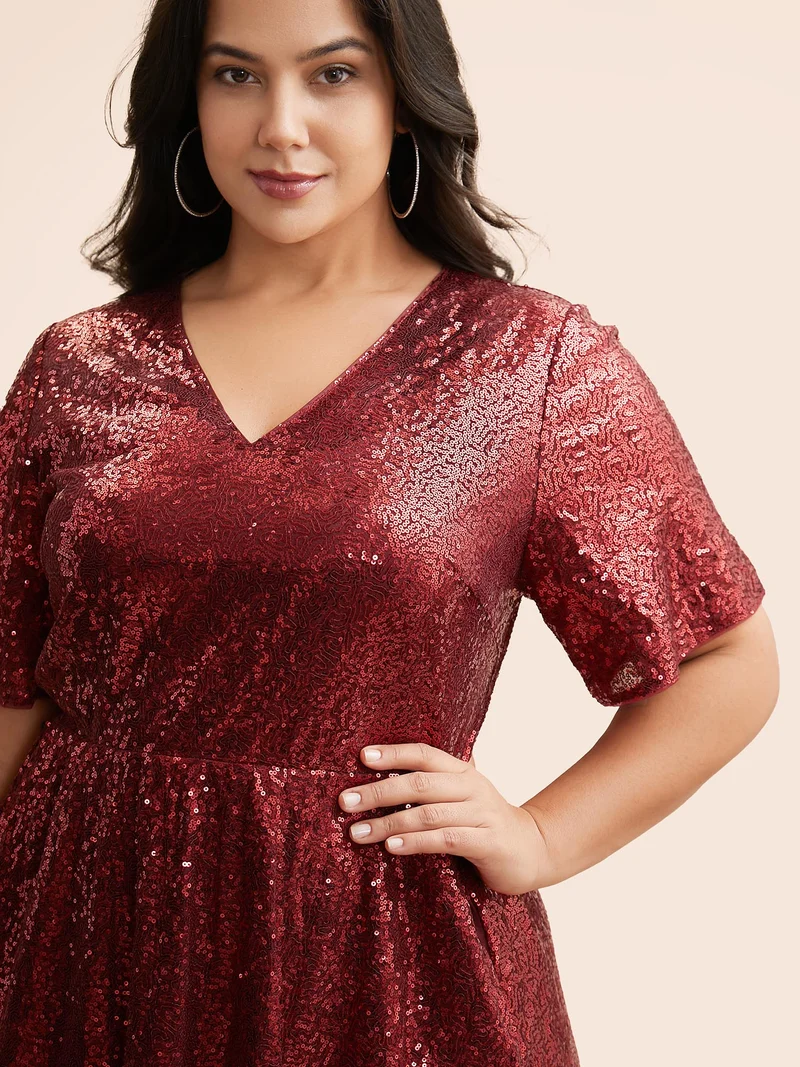 Sequin V Neck Elastic Waist Dress