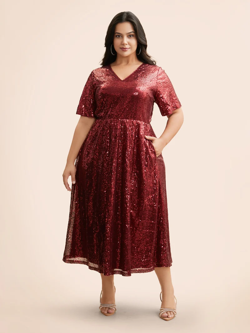 Sequin V Neck Elastic Waist Dress