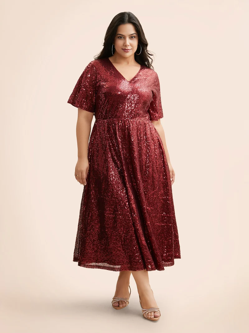 Sequin V Neck Elastic Waist Dress