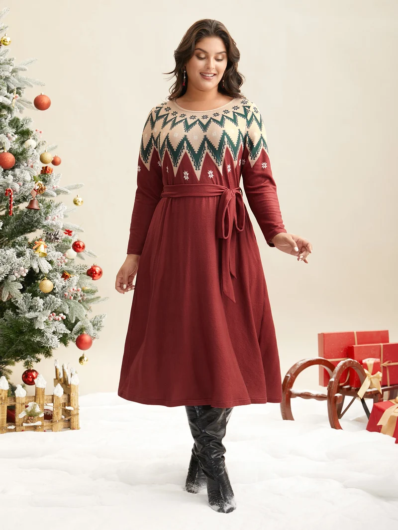 Fair Isle Yoke Waist-Tie Midi Dress