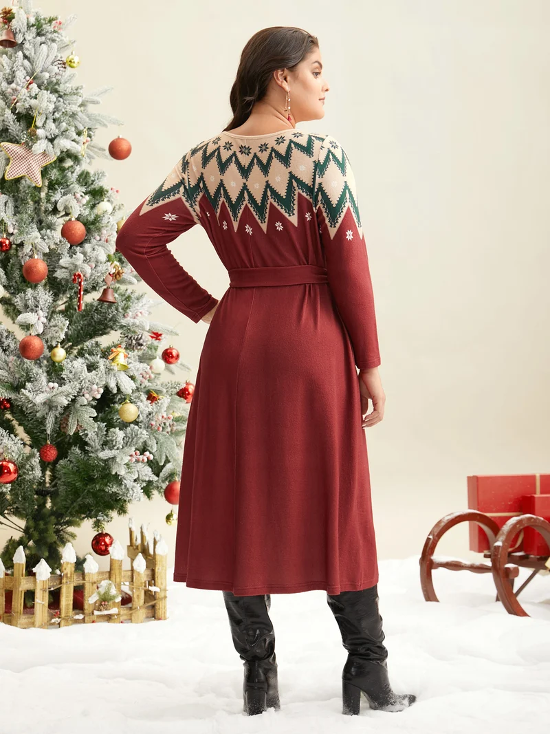 Fair Isle Yoke Waist-Tie Midi Dress
