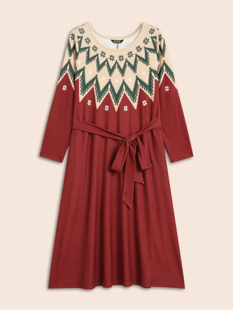 Fair Isle Yoke Waist-Tie Midi Dress