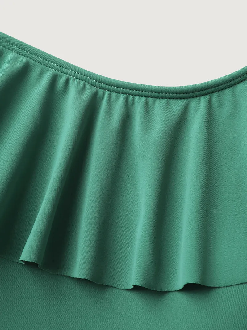 Ruffled Asymmetrical Shoulder Strap Swim Top