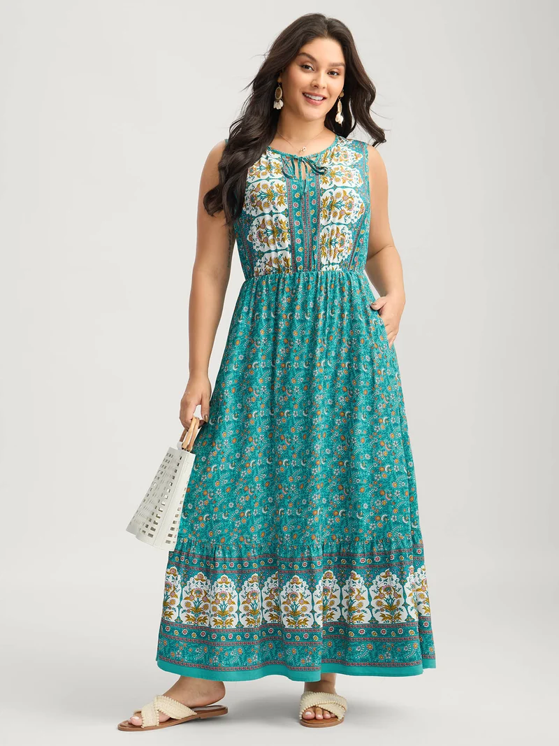 Rayon Neck Cut-Out Ties Midi Dress