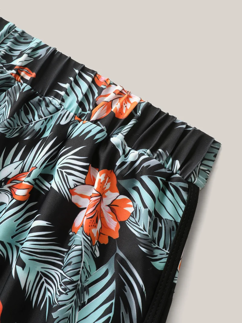 Tropical Print Arc Hem Swim Bottoms