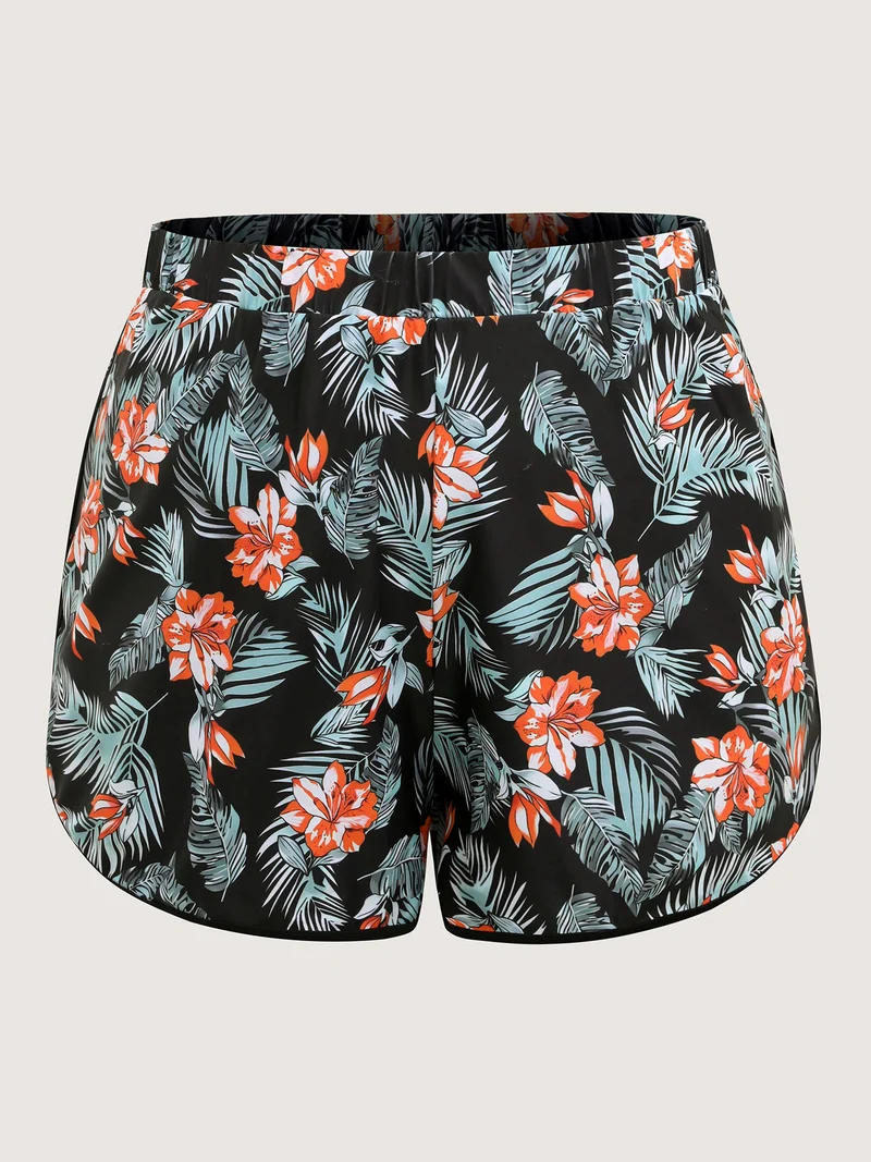 Tropical Print Arc Hem Swim Bottoms