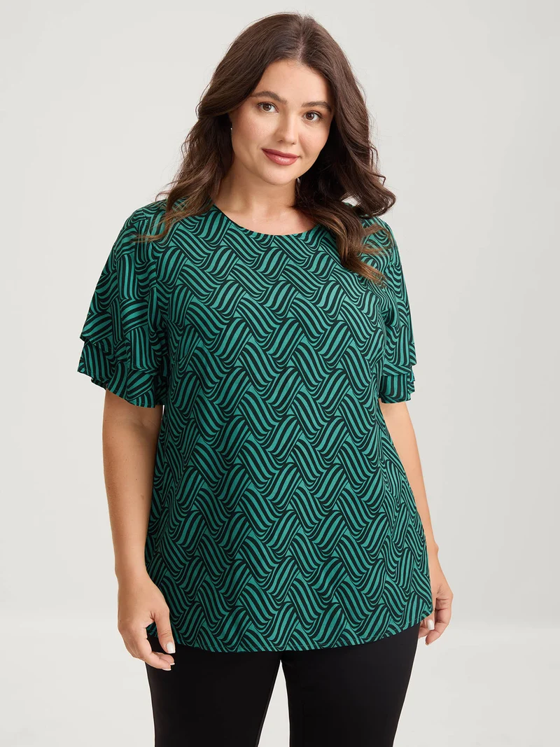 Rayon Geometric Print Layered Sleeve Blouse