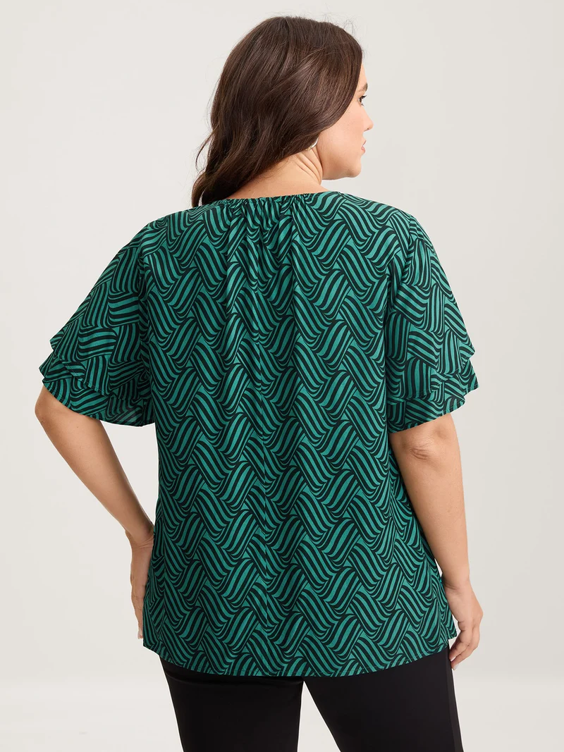 Rayon Geometric Print Layered Sleeve Blouse