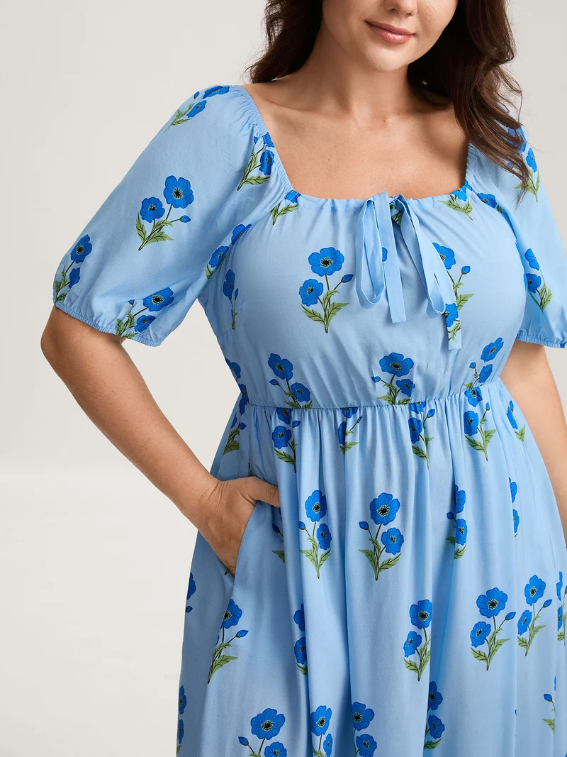 Rayon Neck Tie Pockets Floral Midi Dress