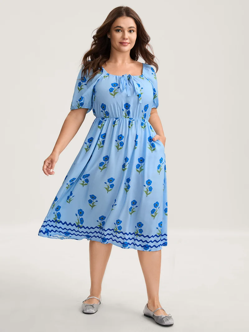 Rayon Neck Tie Pockets Floral Midi Dress