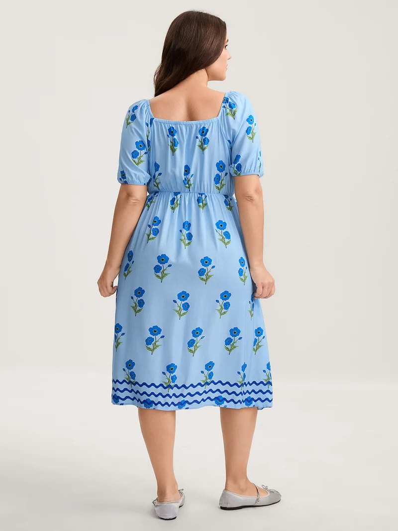 Rayon Neck Tie Pockets Floral Midi Dress