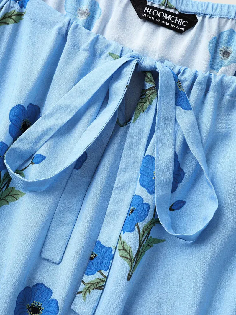 Rayon Neck Tie Pockets Floral Midi Dress