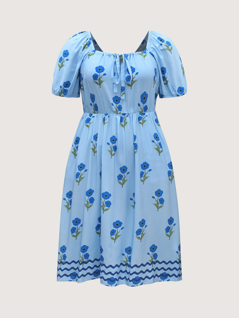 Rayon Neck Tie Pockets Floral Midi Dress