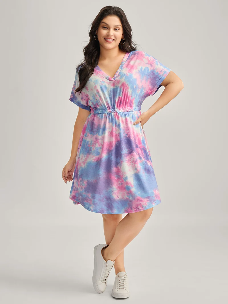 Tie-Dye Curvy Hem V-Neck Midi Dress