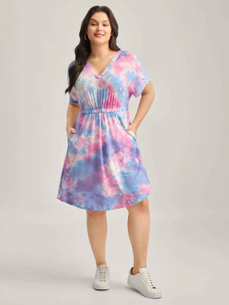 Tie-Dye Curvy Hem V-Neck Midi Dress